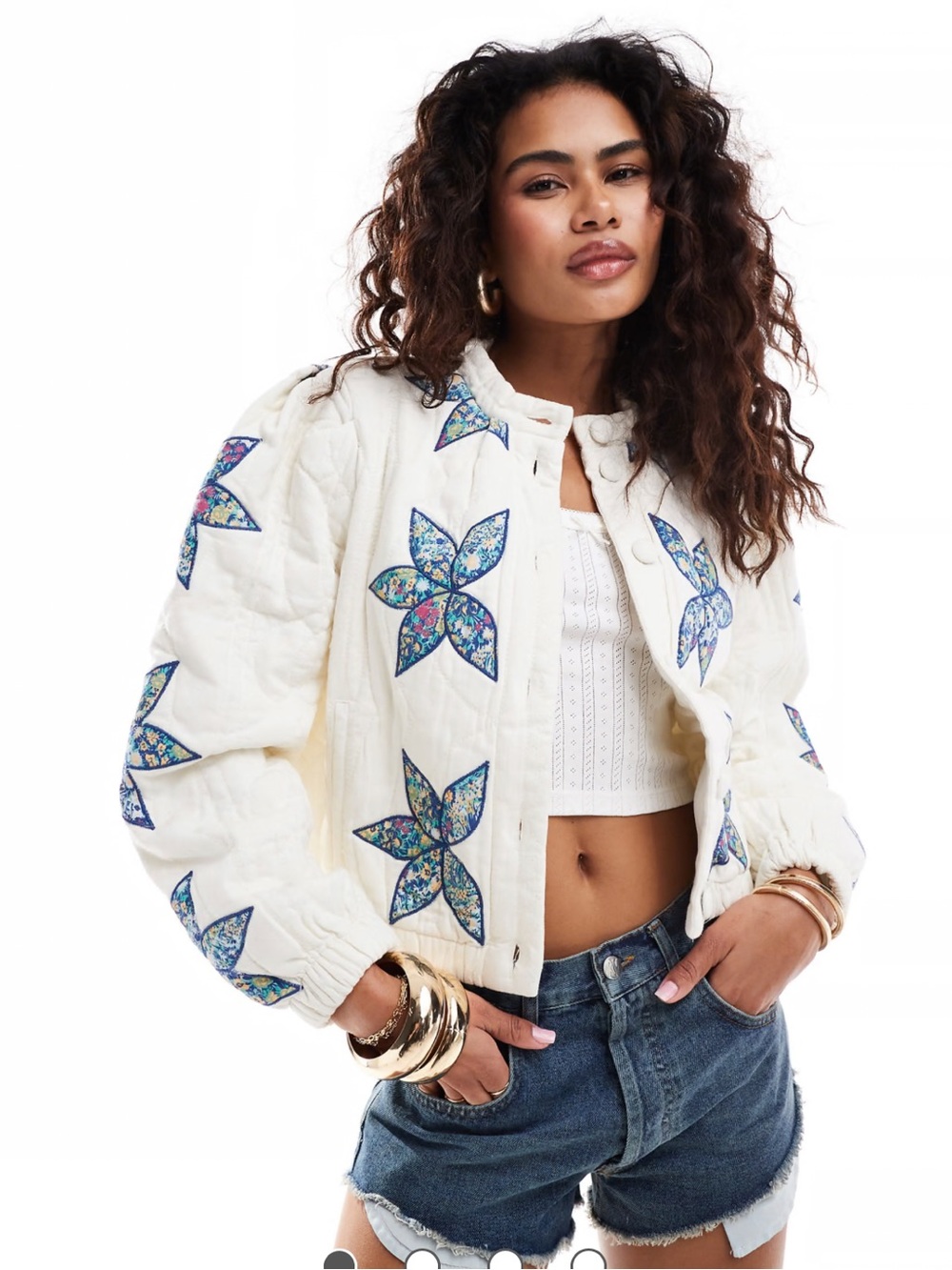 We The Free Cream Quilted Puffer with Blue Floral Star Motifs